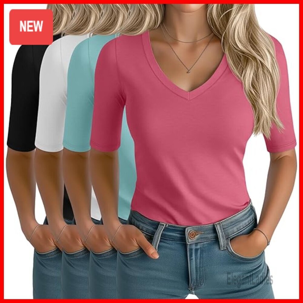 4 Pack Slim Fit V-Neck Half Sleeve Tees, Cotton Blend Casual Tops